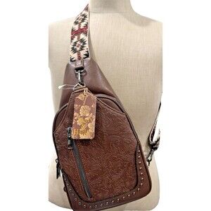 Sam & Hadley Cross Body Bag, Brown with Multi Color Strap